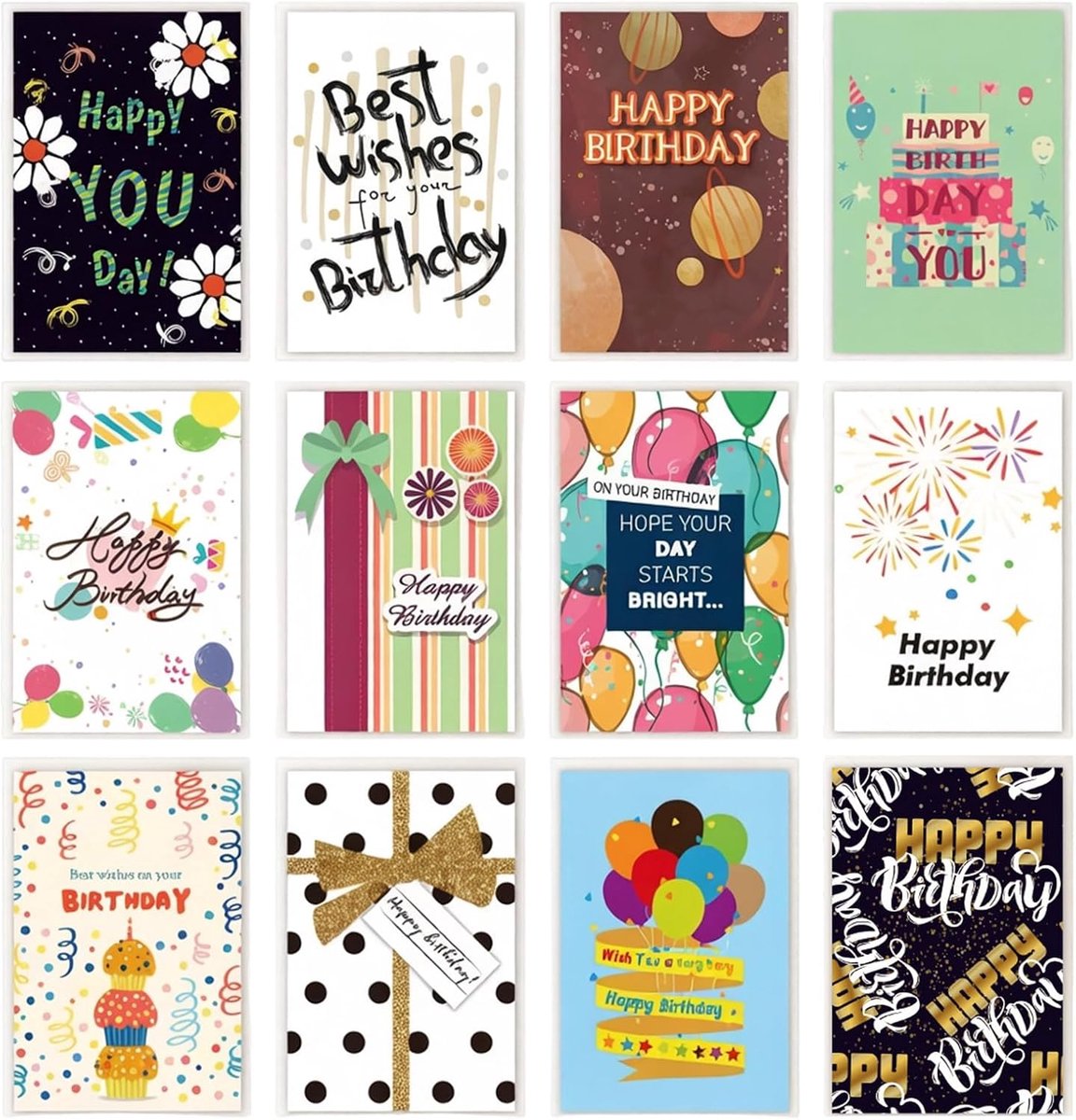 Verjaardagskaarten 12 stuks - grappige ontwerpen - met enveloppen en stickers - perfect voor elke gelegenheid - SnelShoppen
