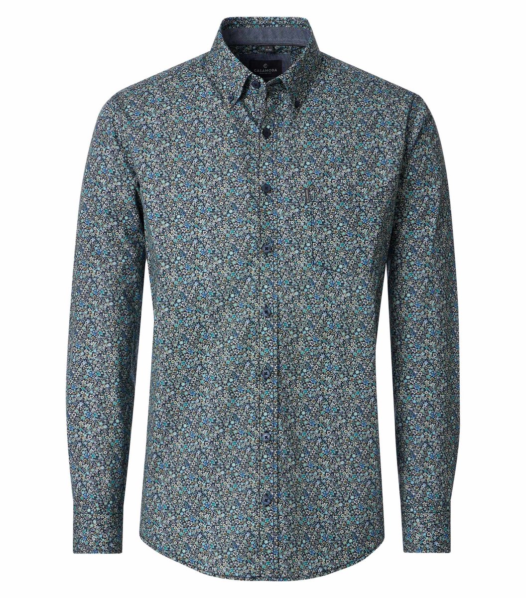 CASA MODA Sport comfort fit overhemd - popeline - blauw met wit en groen bloemetjes dessin