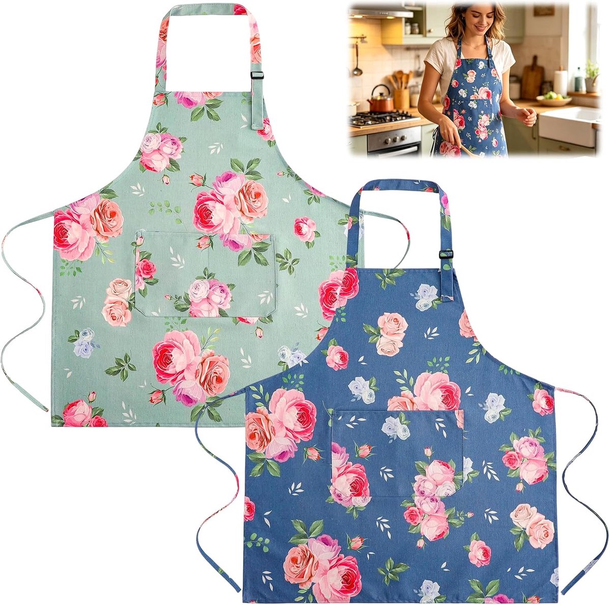 Keuken schort set van 2 - waterafstotende bloemen schorten - verstelbaar en comfortabel - perfect voor koken - SnelShoppen