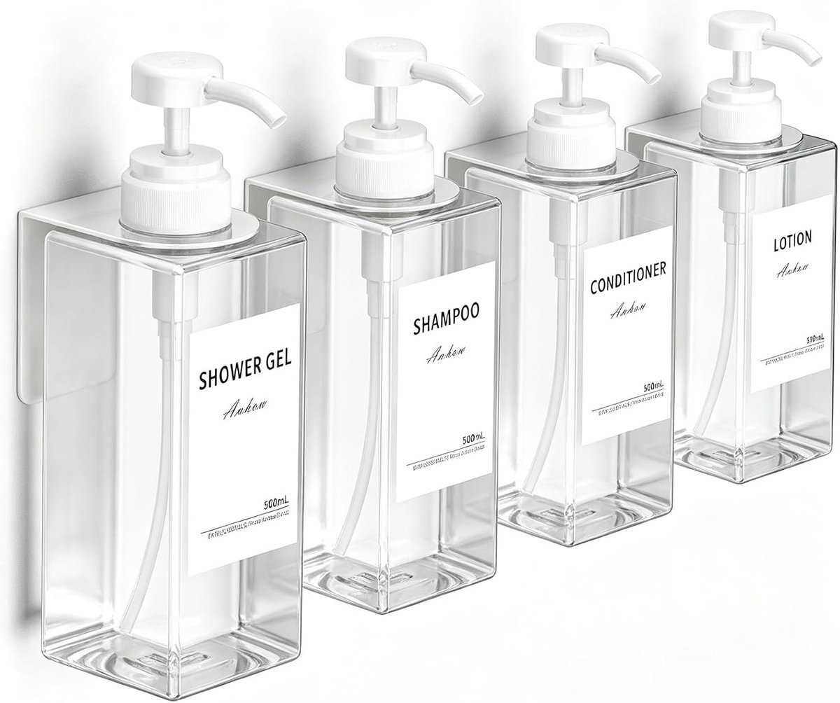 Zeepdispenser badkamer 4 stuks - 500 ml - zonder boren - met waterdichte etiketten - SnelShoppen