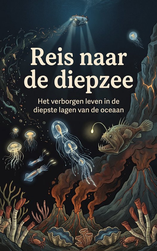Reis naar de diepzee: Het verborgen leven in de diepste lagen van de oceaan. Illustratie van de diepzee met een duikboot, kwallen, pijlinktvissen en een hengelvis.