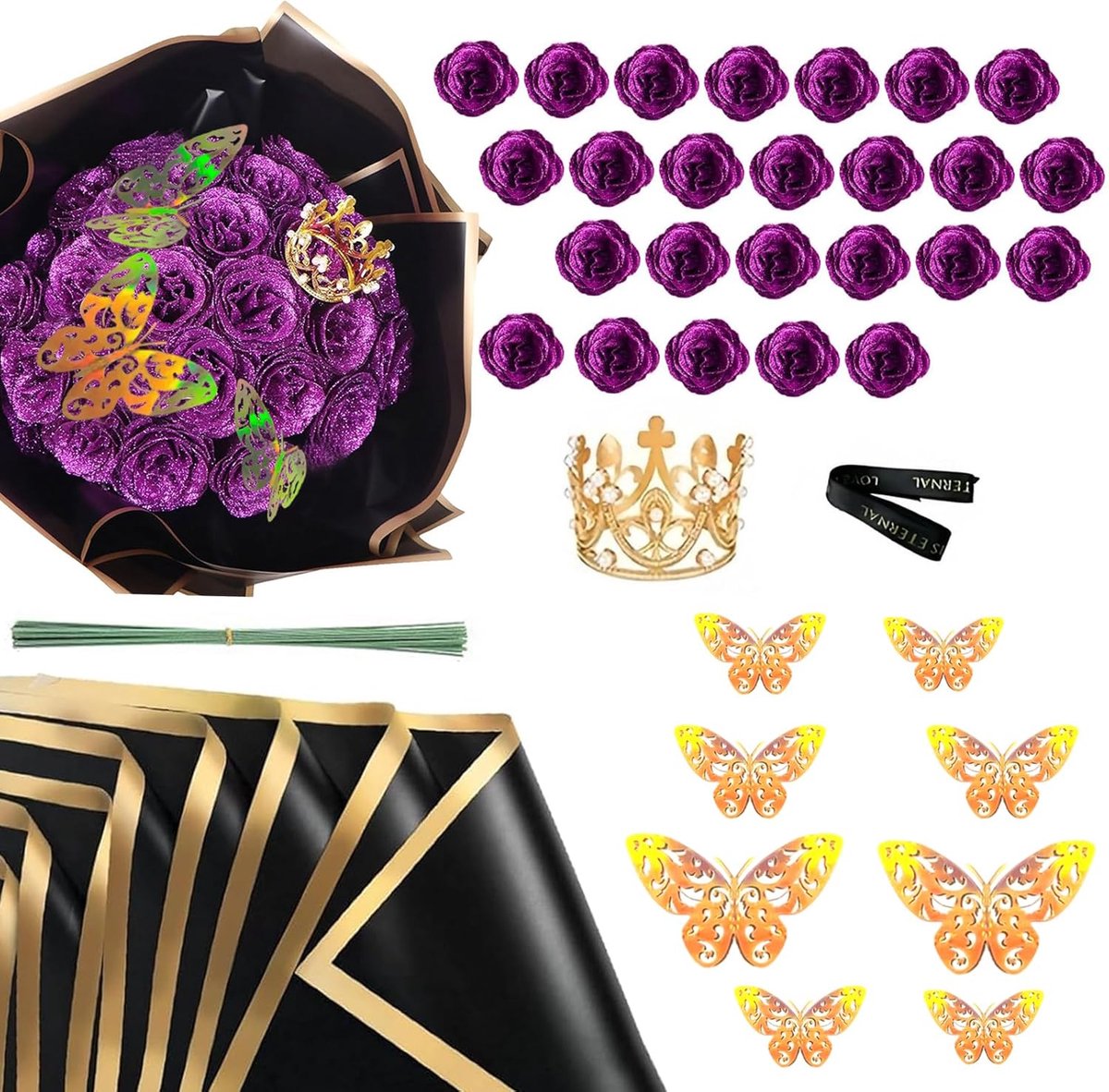 Kunstrozenboeket 24 Stuks - Glitter Rozen - Paars - Ideaal voor Valentijnsdag of Moederdag - m-winkel