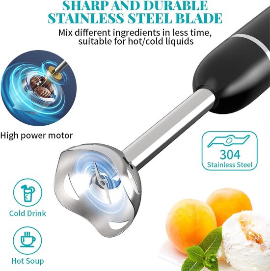 Hand Blender - Staafmixer Keukenmixer - Smoothies Maken - 4-in-1 Accessoires - 400W - Zwart — afbeelding 4