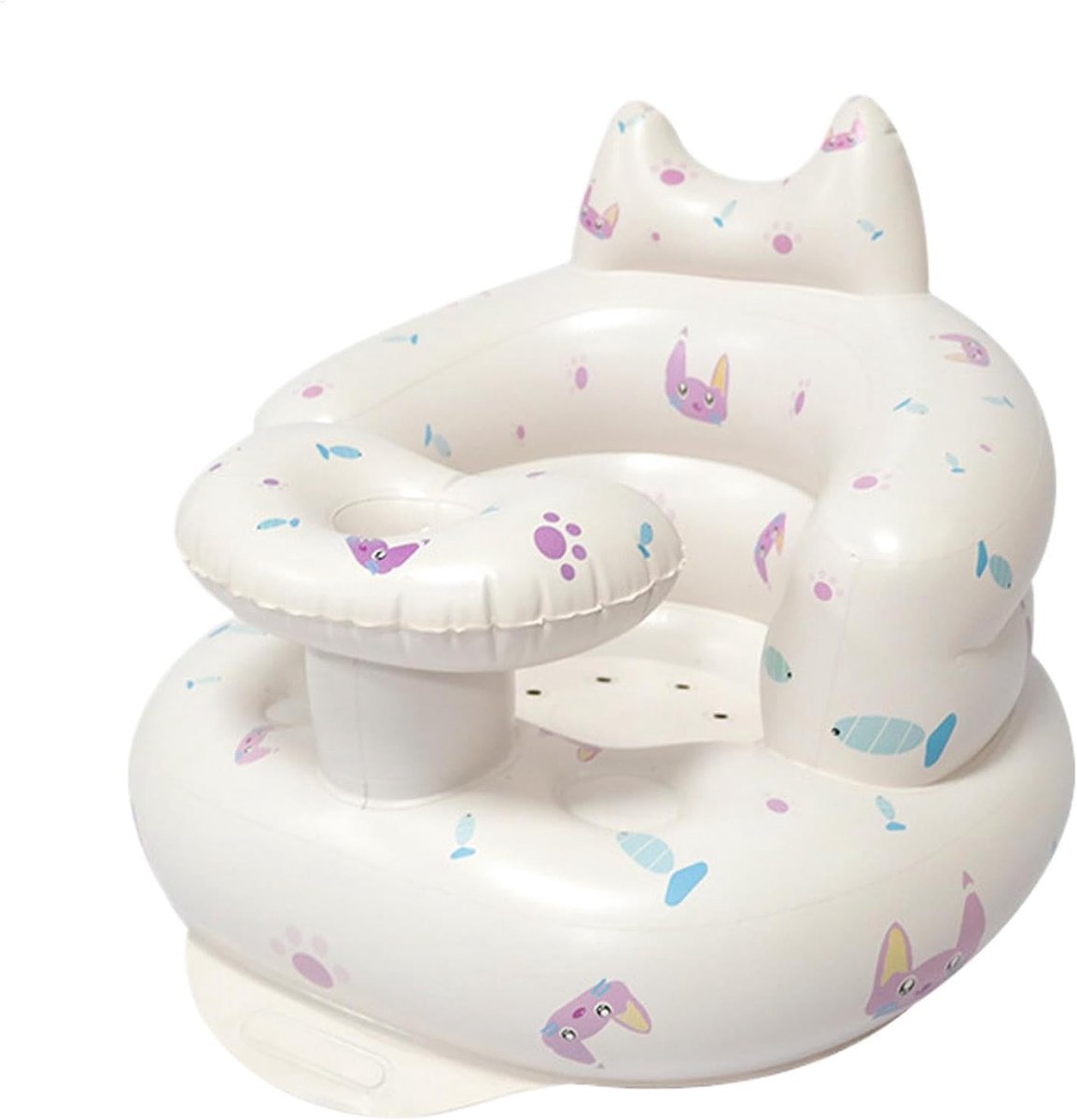 Roze opblaasbaar baby leert-zitbankje kattenprint, gespreide beenvorm voor gezonde zithouding met bekerhouder