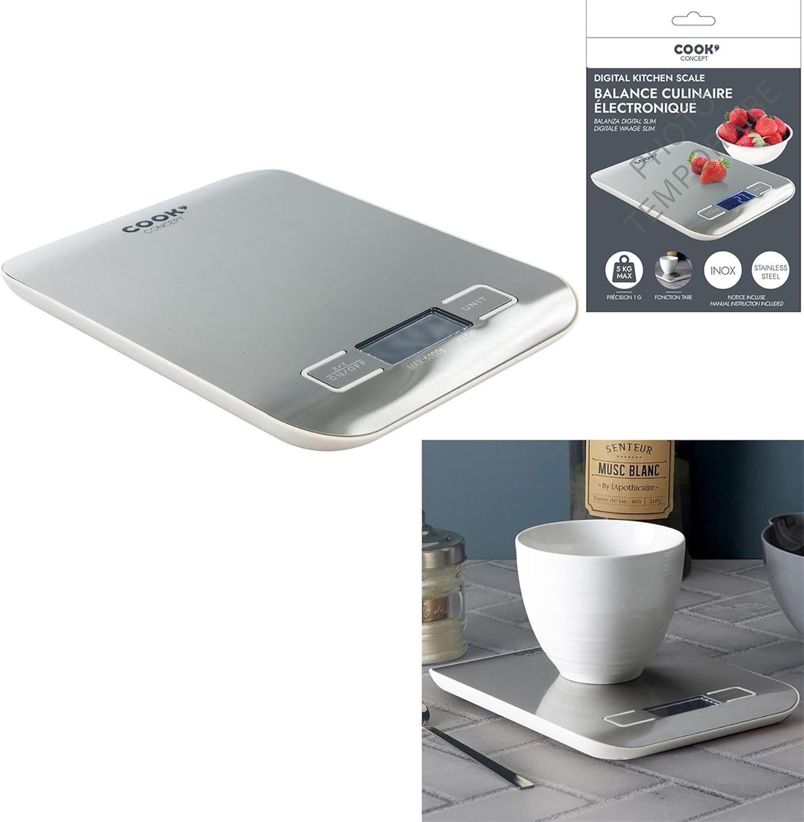 Keukenweegschaal 5 kg - Ruitvormig - RVS grijs - Nauwkeurig meten met TARE functie - SnelShoppen