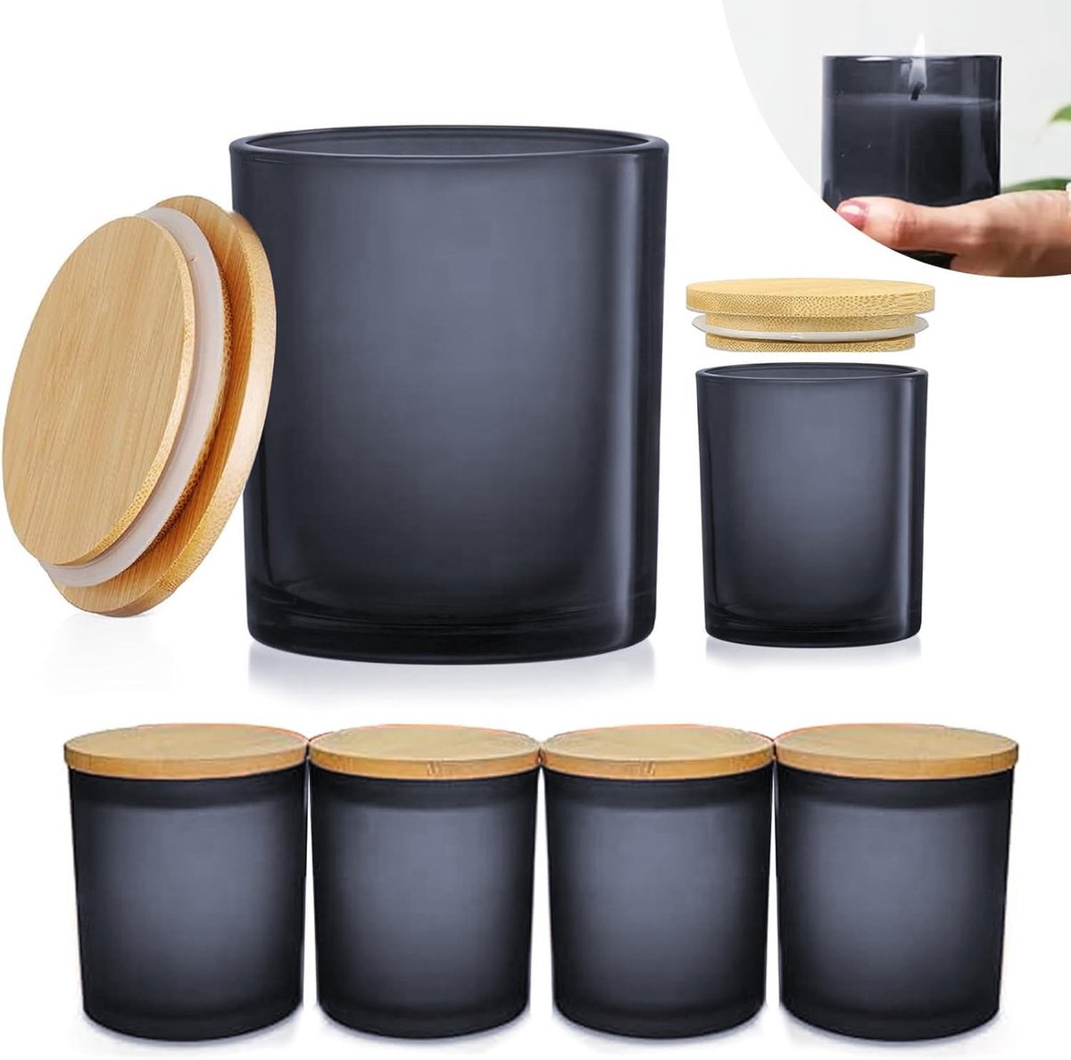Candle glazen 6 stuks - luchtdicht bamboe deksel - grijs - ideaal voor opslag - ShopVlot