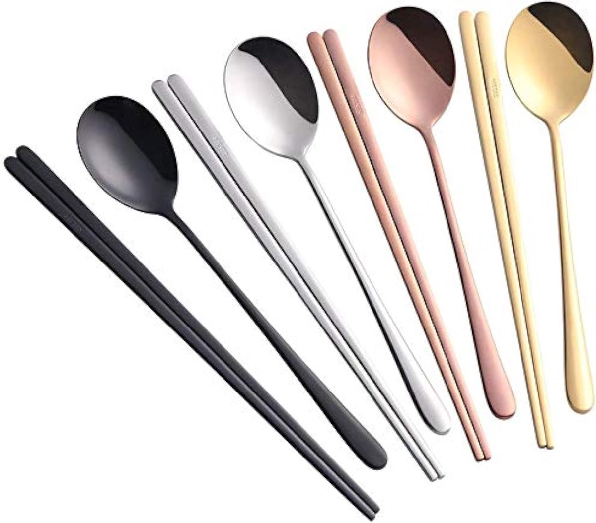 Chopsticks set 4 paar - 18/10 roestvrij staal - Korean flat chopsticks met lepel - Ideaal voor sushi en hotpot - ShopVlot