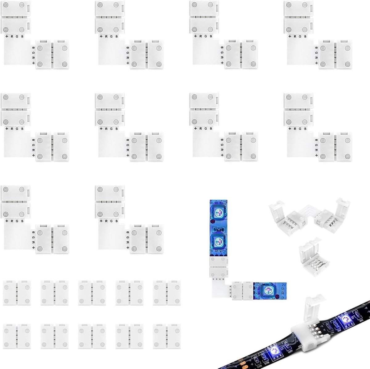 LED Strips 4-Pin - Pack van 20 - 10 L-vormige aansluitingen - Eenvoudige installatie voor RGB 5050 - ShopVlot