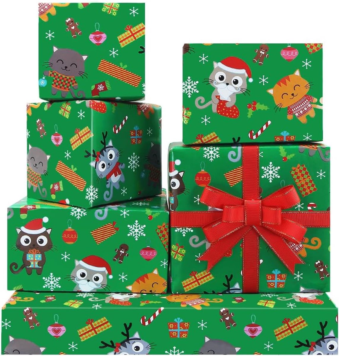 Kerst inpakpapier 4 vellen - schattig kattenpatroon - premium recyclebaar - perfecte cadeauverpakking - ShopVlot