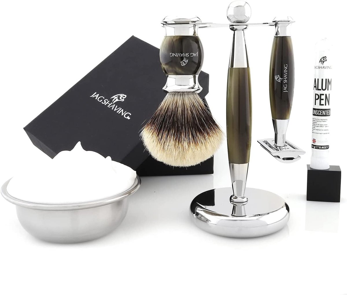 Scheerset 5-delig - Silver Scheerkwast van Berenhaar - Dubbelzijdige Safety Razor - Inclusief Alum Spray - ShopVlot