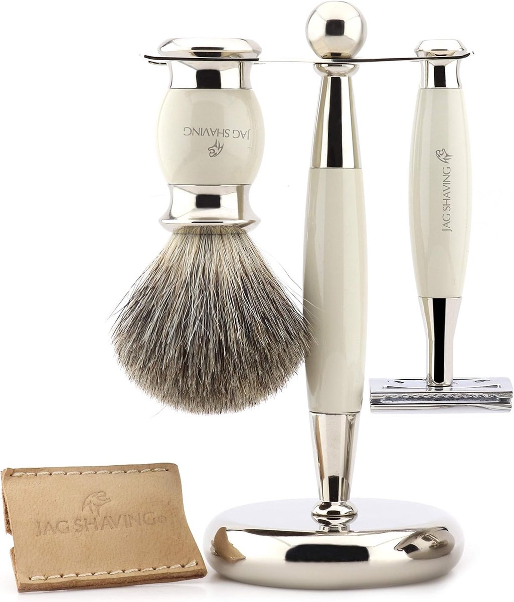 Scheerset voor mannen - dubbelzijdige scheermes - ivoren handvat - perfecte set voor nat scheren - ShopVlot