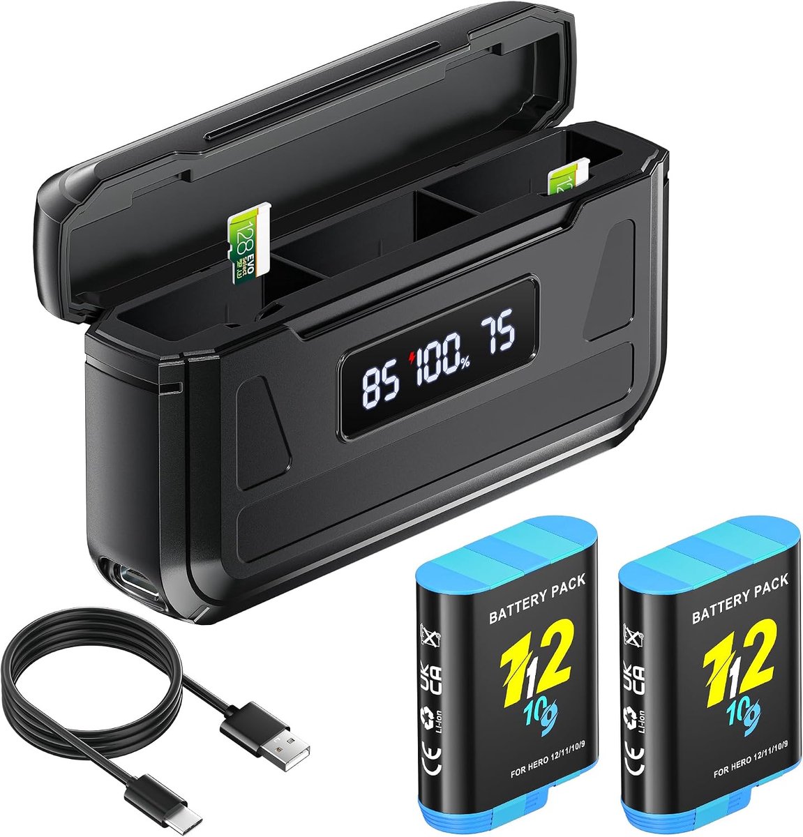 Batterij 2000mAh voor Hero 12/11/10/9 Black - met lader en LCD-scherm - voor langdurig gebruik - ShopVlot