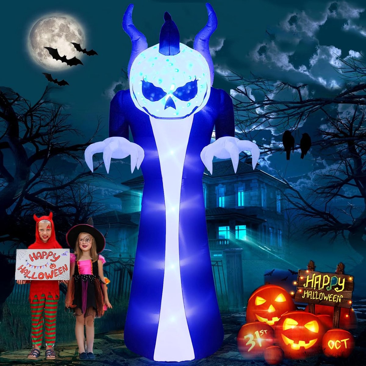 Opblaasbare Halloween Decoratie 3m - Rond Hoofd Spook Pompoen - LED Verlichting - Creepy Tuinversiering - ShopVlot