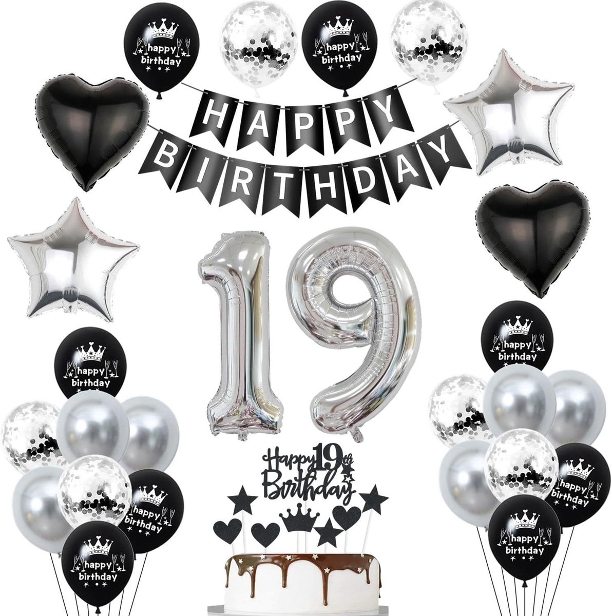Verjaardagsballonnen 19 jaar - zwart zilver - feestdecoratie - herinneringen vastleggen - ShopVlot