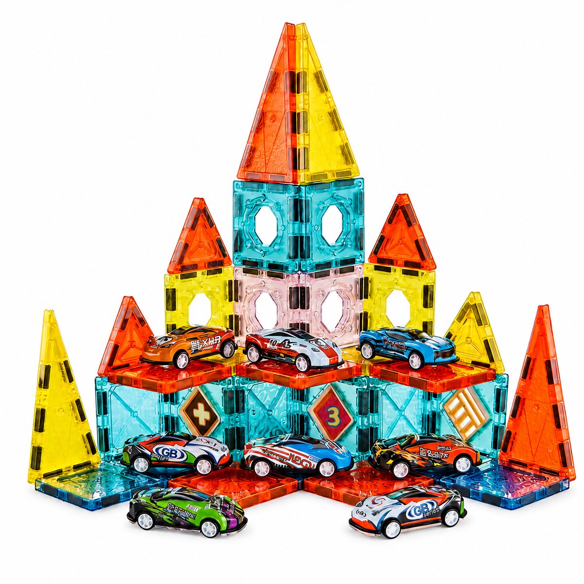 Magnetic Tiles Auto Bouwset - 50 Stuks - Incl. 8 Speelgoed Auto's - Sterke Magnetische Tegels en Blokken - Bouwblokken - Magnetisch Montessori Speelgoed - Bouwstenen - Educatief Constructie Speelgoed - 3, 4, 5, 6, 7, 8+ Jaar - Silvergear