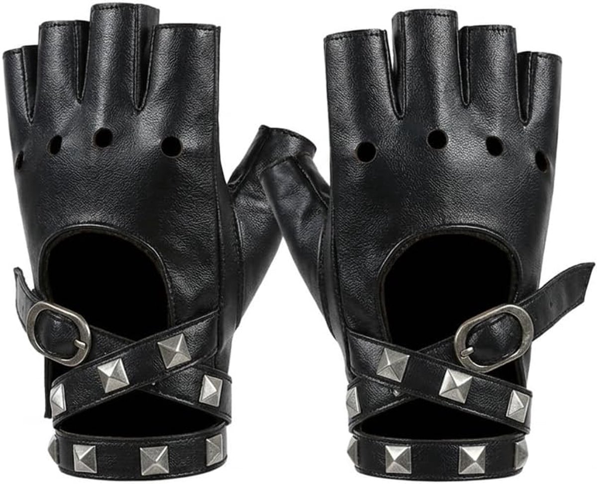 Punk handschoenen - zwarte faux leren - met studs en ketting - perfect voor festivals - ShopVlot