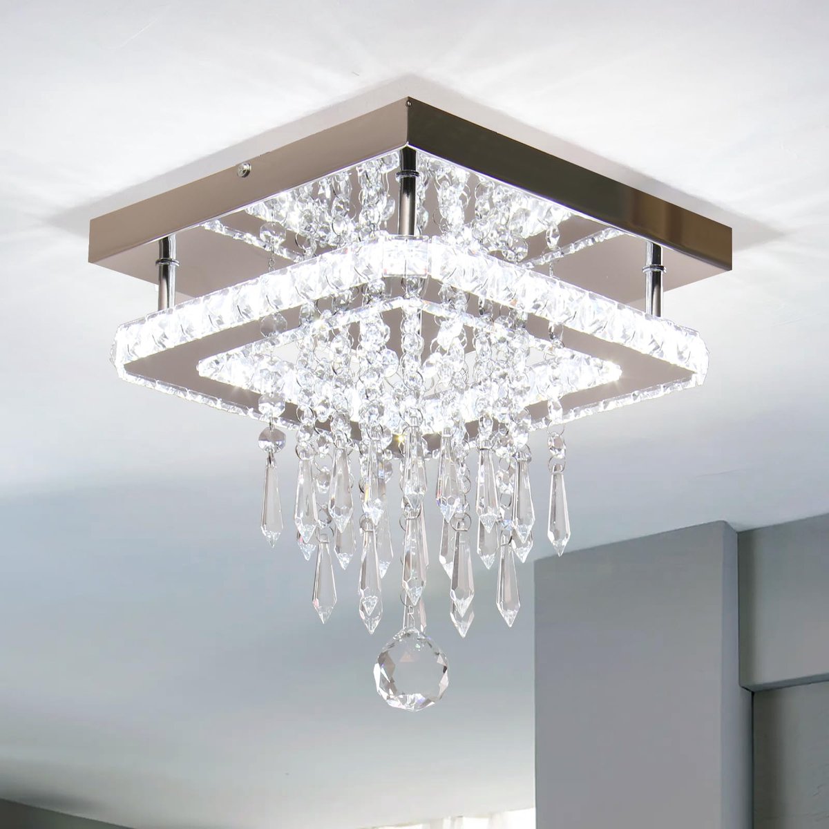 Kroonluchter vierkant - Kristallen plafondlamp - LED inbouwverlichting - Perfect voor eetkamer - ShopVlot