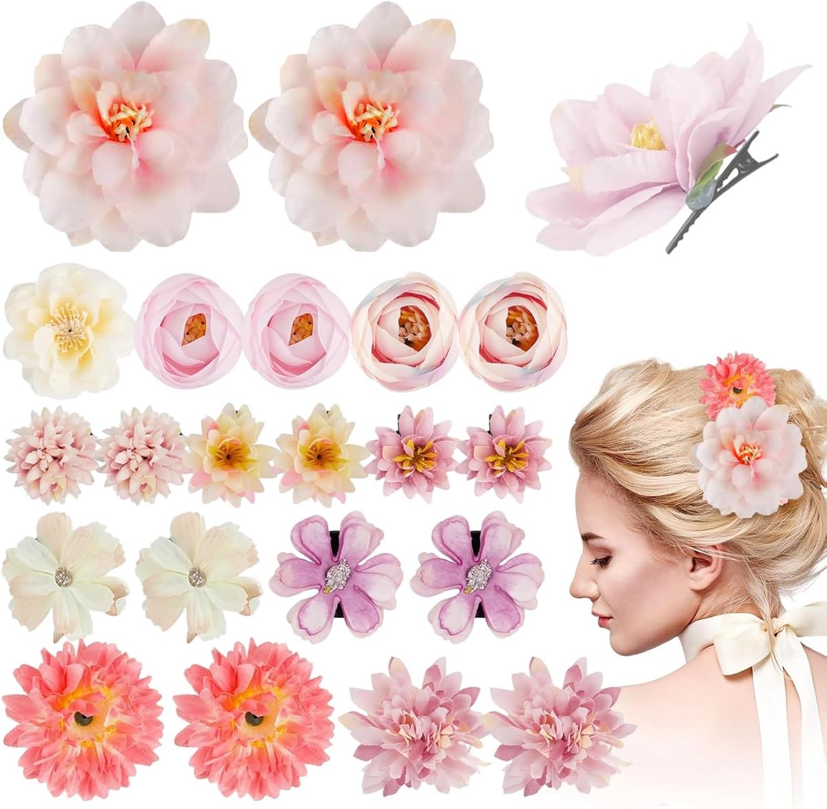 Haarclips bloemen 21 stuks - zijden gaas - kleurrijk - perfect voor bruiloften - ShopVlot