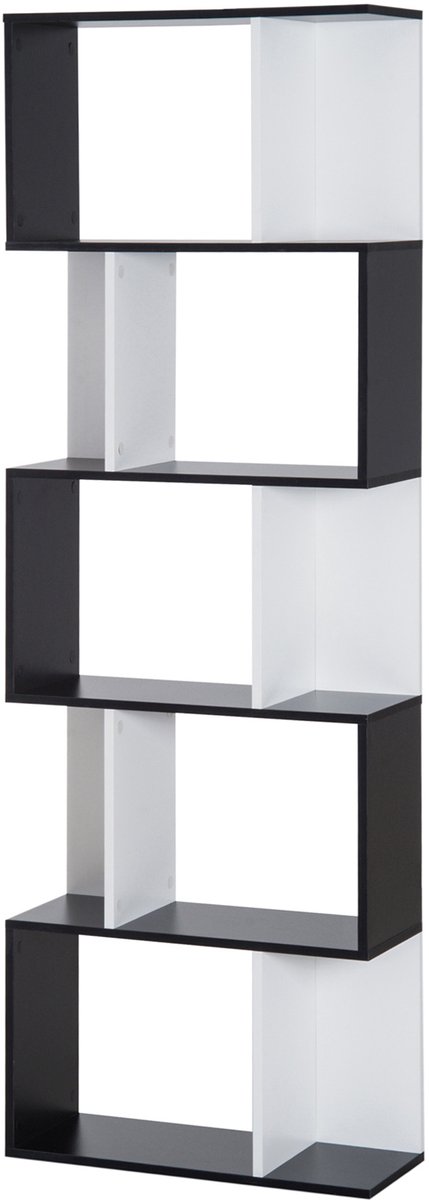 Boekenkast met 5 niveaus - S-vorm - 60 x 24 x 184,5 cm - zwart-wit - Opbergkast met planken