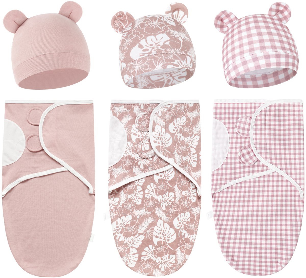 Set van 3 babywikkeldekens, 100% katoen, zacht en ademend, met schattige capuchons. Geschikt voor baby's van 0-3 maanden en pasgeborenen om schrikreacties te voorkomen,Set 2