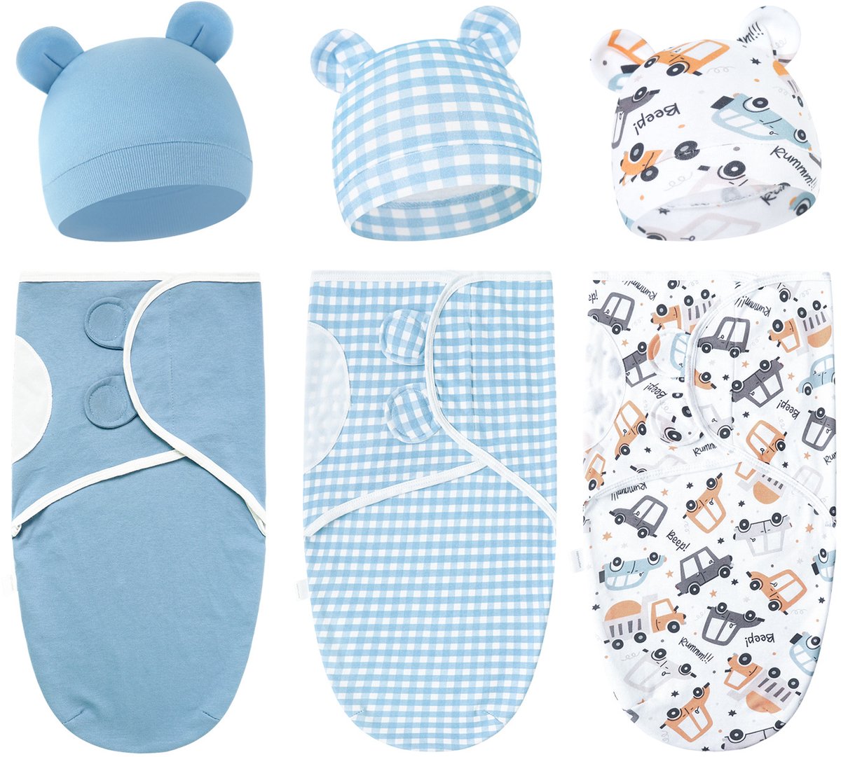 Set van 3 babywikkeldekens, 100% katoen, zacht en ademend, met schattige capuchons. Geschikt voor baby's van 0-3 maanden en pasgeborenen om schrikreacties te voorkomen,Set 6