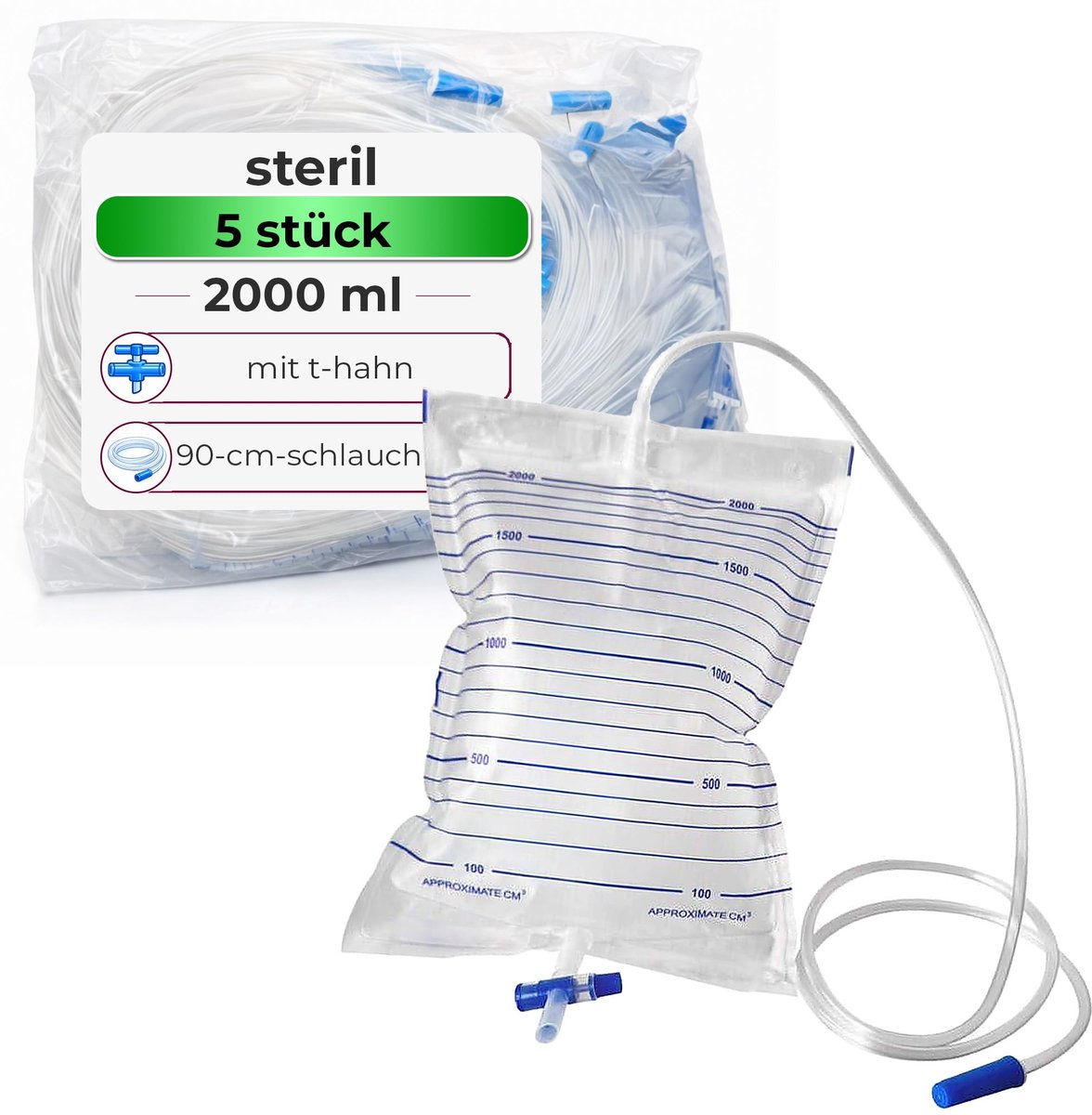 Urinezak voor eenmalig gebruik 2000 ml - 5 stuks - T-kraan - slang 90 cm - ShopVlot