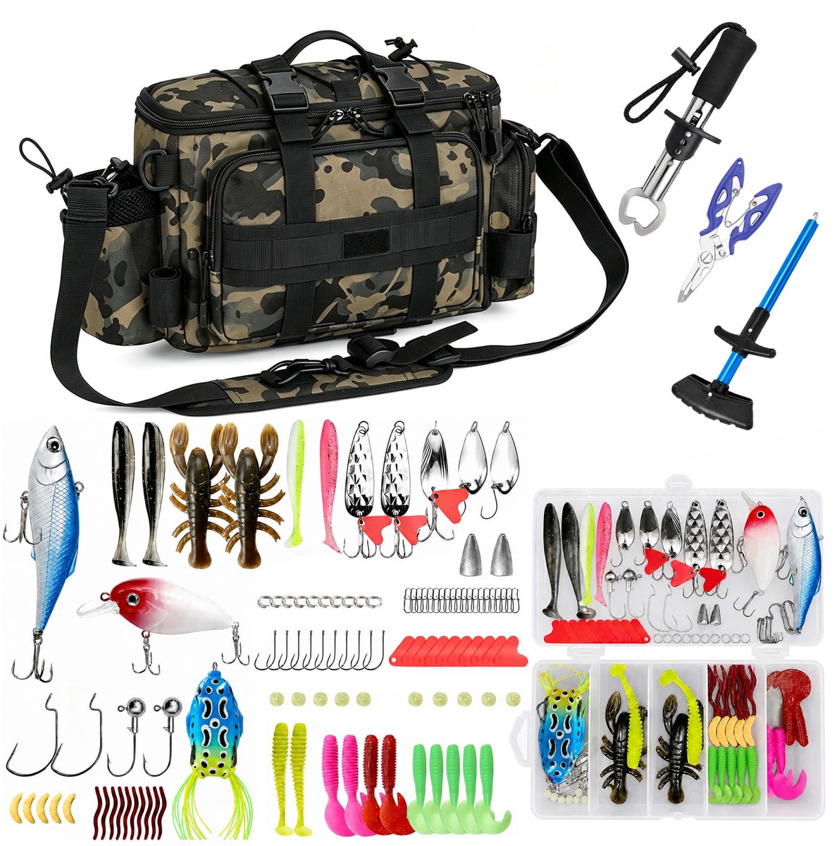 Vissersset 111 delig - groene camouflage - compleet met kunstaas en accessoires - ideale hengelsport starterset - ShopVlot