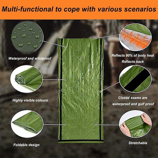 Survival Slaapzak - Nooddeken Thermisch - Outdoor Avontuur - Waterdicht Ademend - Compact Lichtgewicht - Legergroen — afbeelding 3