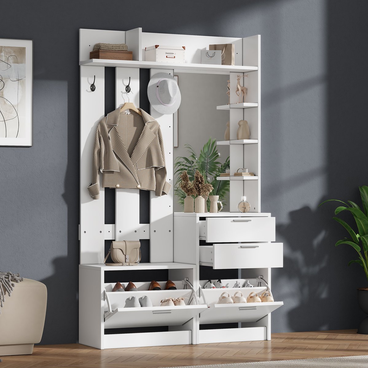 MODENUIT Kledingrek – Spiegelfront Met 3 Haken En 2 Uitklapbare Schoenruimtes – Wit MDF – 110x34x185 Cm
