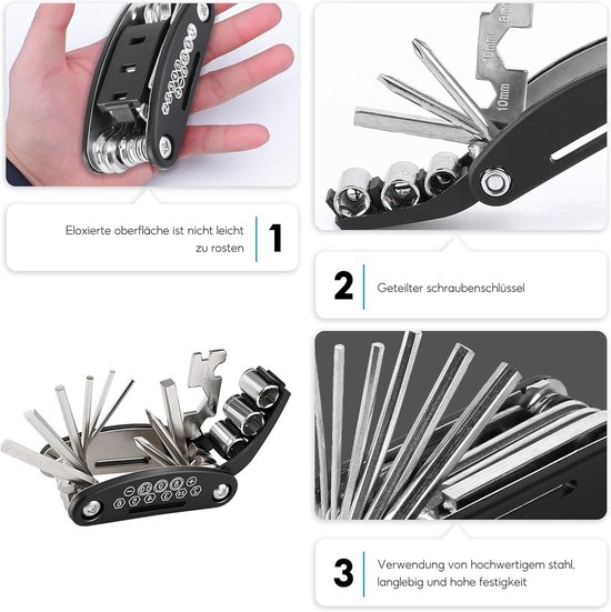 Fiets reparatieset - Bandenset gereedschap - Onderweg repareren - 16-delige set - Universeel - Zwart van fiets — afbeelding 2