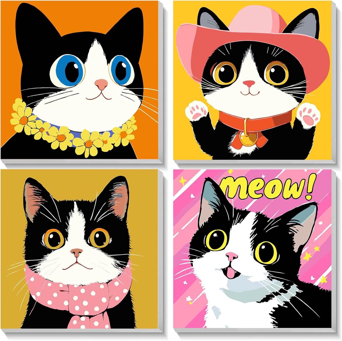 Schilderen op nummer set 4-pack - schattige katten schilderen op nummer - DIY acryl kunst schilderij - ShopVlot