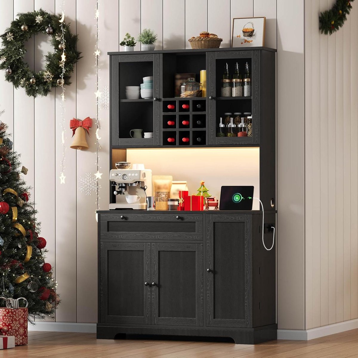 Keukenkast met werkblad - Buffetkast Hoge kast - Keuken organiseren - Met stopcontact en USB - 105x40x180 cm - Zwart