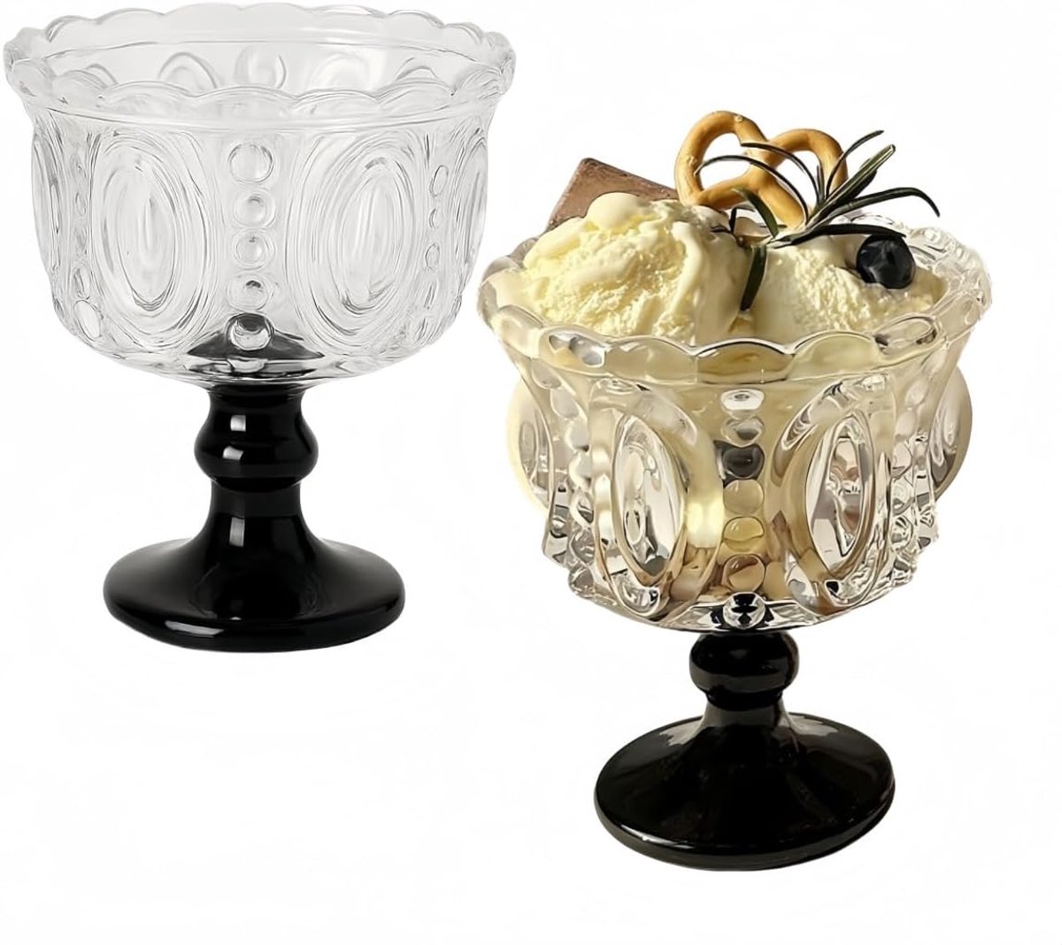 Casalora Dessertglazen Set van 2 – Vintage IJscoupes op Voet 250ml – Luxe Reliëfglas voor IJs, Dessert, Cocktails, Whisky en Tafeldecoratie