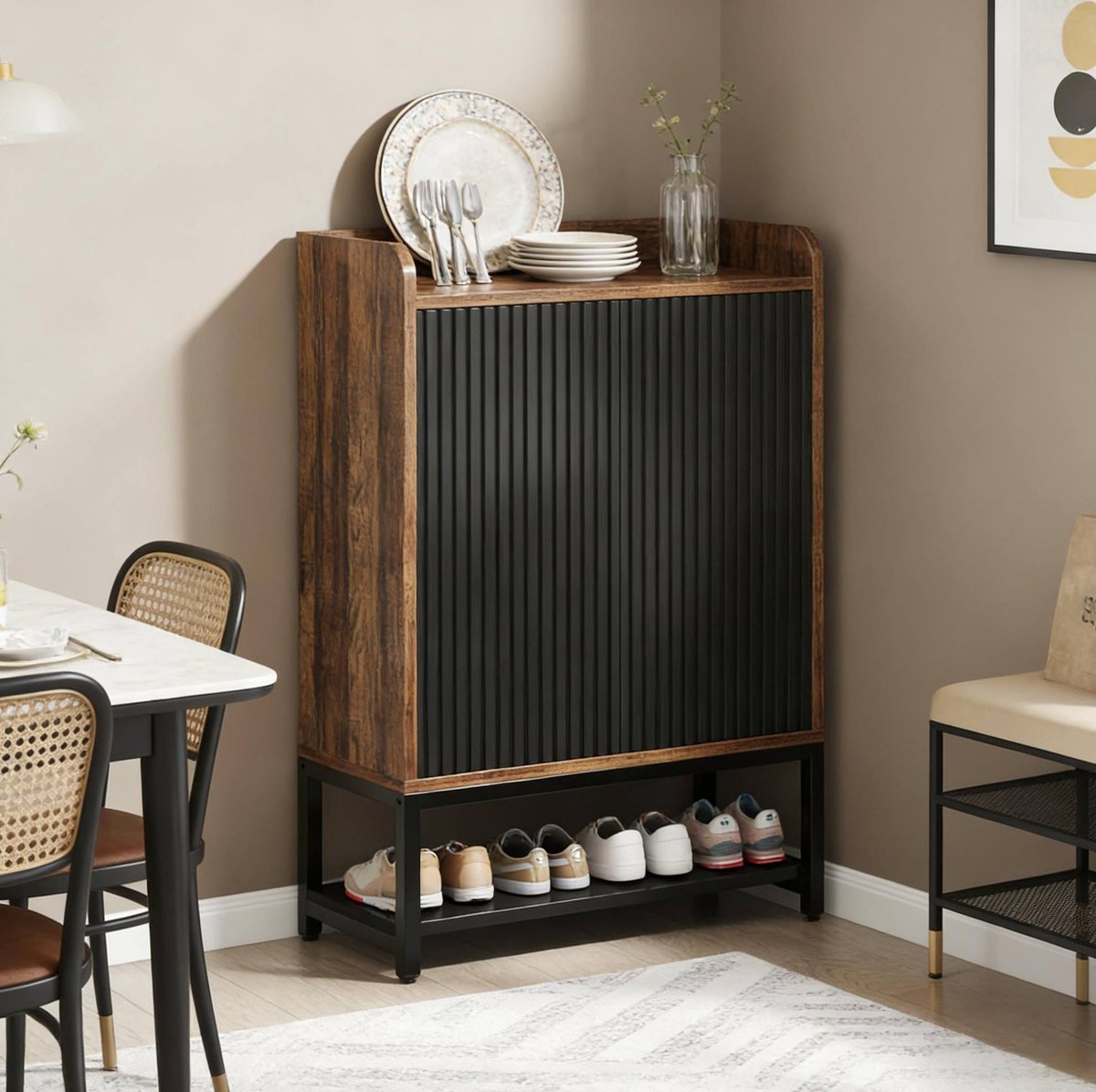 Schoenenkast - Kast Met 5 Lagen En Drukopening - Entree - Metaal En Spaanplaat - Zwart - 73x35x105,5 Cm