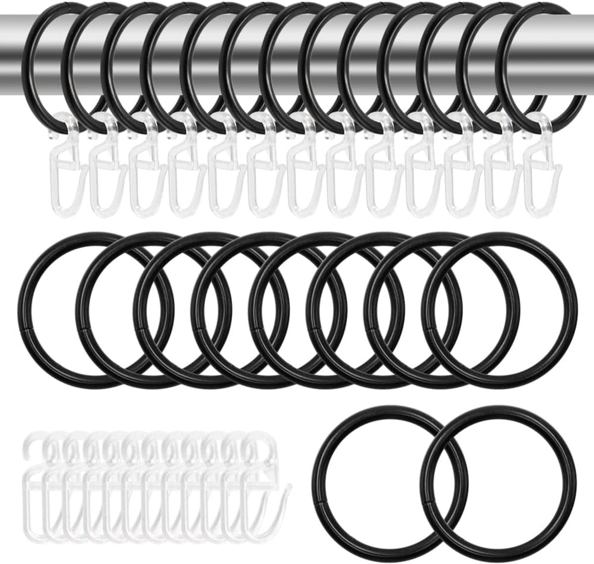 Gordijnringen 50 stuks - 30 mm zwart - metalen ringen en kunststof haken - ideaal voor gordijnen - ShopVlot