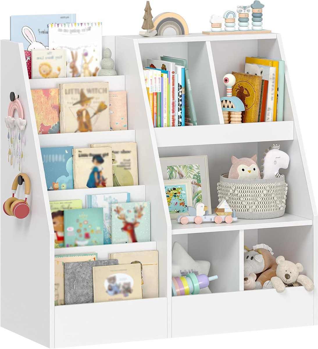 Hzuaneri Kinderopbergmeubel, Kinderboekenkast, met 5 boekenplanken en 5 open legborden, opbergrek voor kinderen, kinderkamer, speelkamer, wit, 40 x 90 x 90 cm