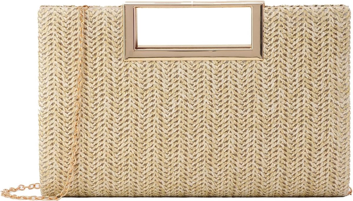 Dames Stro Clutch - Vierkante Handtas - Met Metaalketting - Perfect voor Bruiloft - ShopVlot