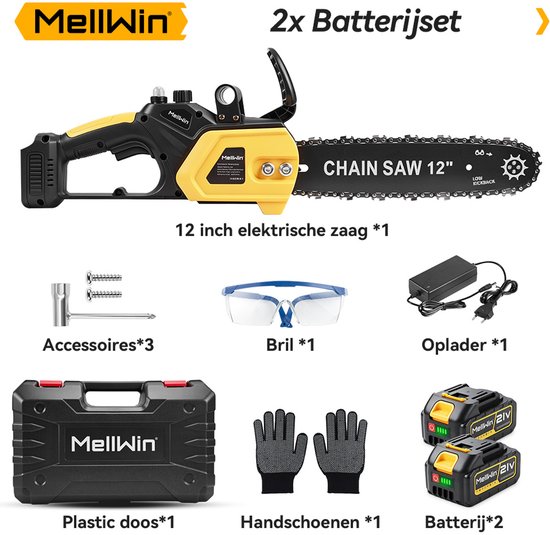 MellWin Elektrische Kettingzaag - 30 cm Kettingzaag - 4500W - met 2x Accu's - Borstelloze Handkettingzaag - Takkenzaag - voor houtbewerking en tuin — afbeelding 2