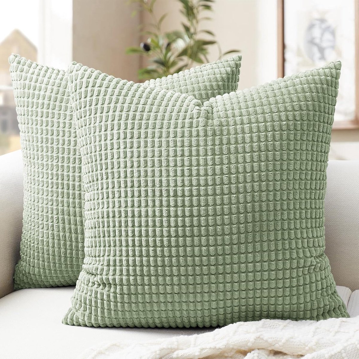 Bankkussensloop 40 x 40 cm - groen corduroy - pluizige kussenhoezen - ideaal voor woonkamer - ShopVlot