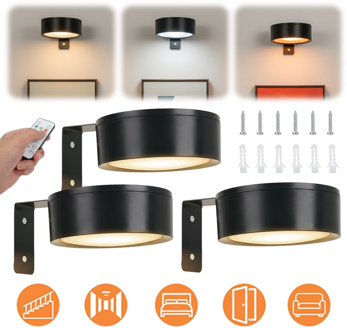 Set Van 3 Magnetische Wandlampen Met Afstandsbediening En Knopbediening - 3000K/4000K/5000K Timer Van 15-120 Minuten Batterijduur Van 60 Uur - Voor Schilderijen, Kunstwerken En Posters - Zwart