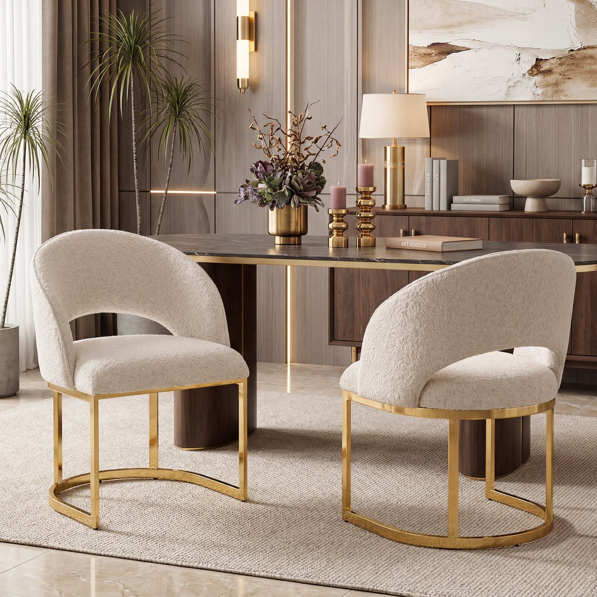 2 Eetkamerstoelen 59x56x80 cm - Bouclé Stoelen Met Gouden Metalen Poten Modern Design Beige+Goud