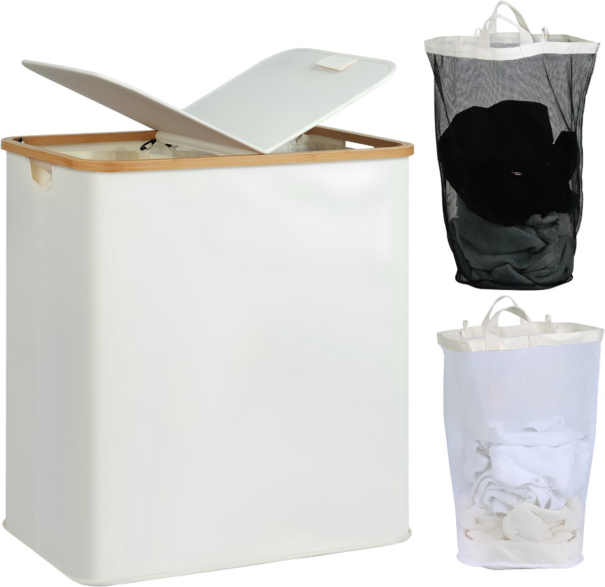 Lìon® Wasmand - 140L - Wasmand met Deksel - Wasmand 2 Vakken - Beige - 57cm x 37cm x 66cm