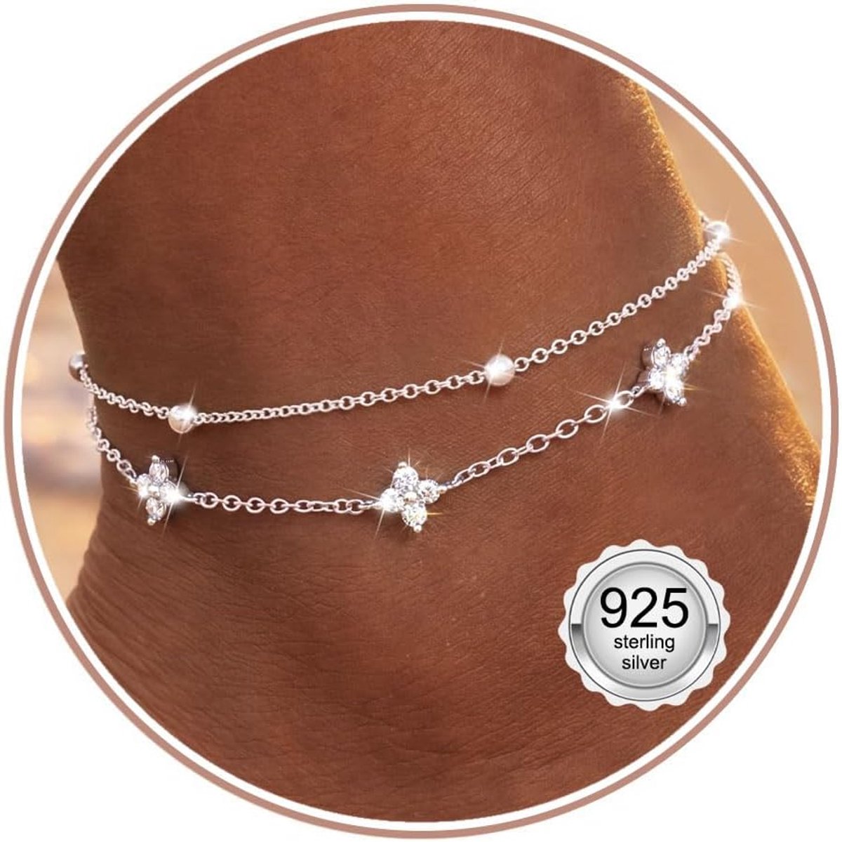 Enkelbandjes voor vrouwen - verstelbaar - 925 sterling zilver - sprankelende CZ harten en vlinders - ShopVlot