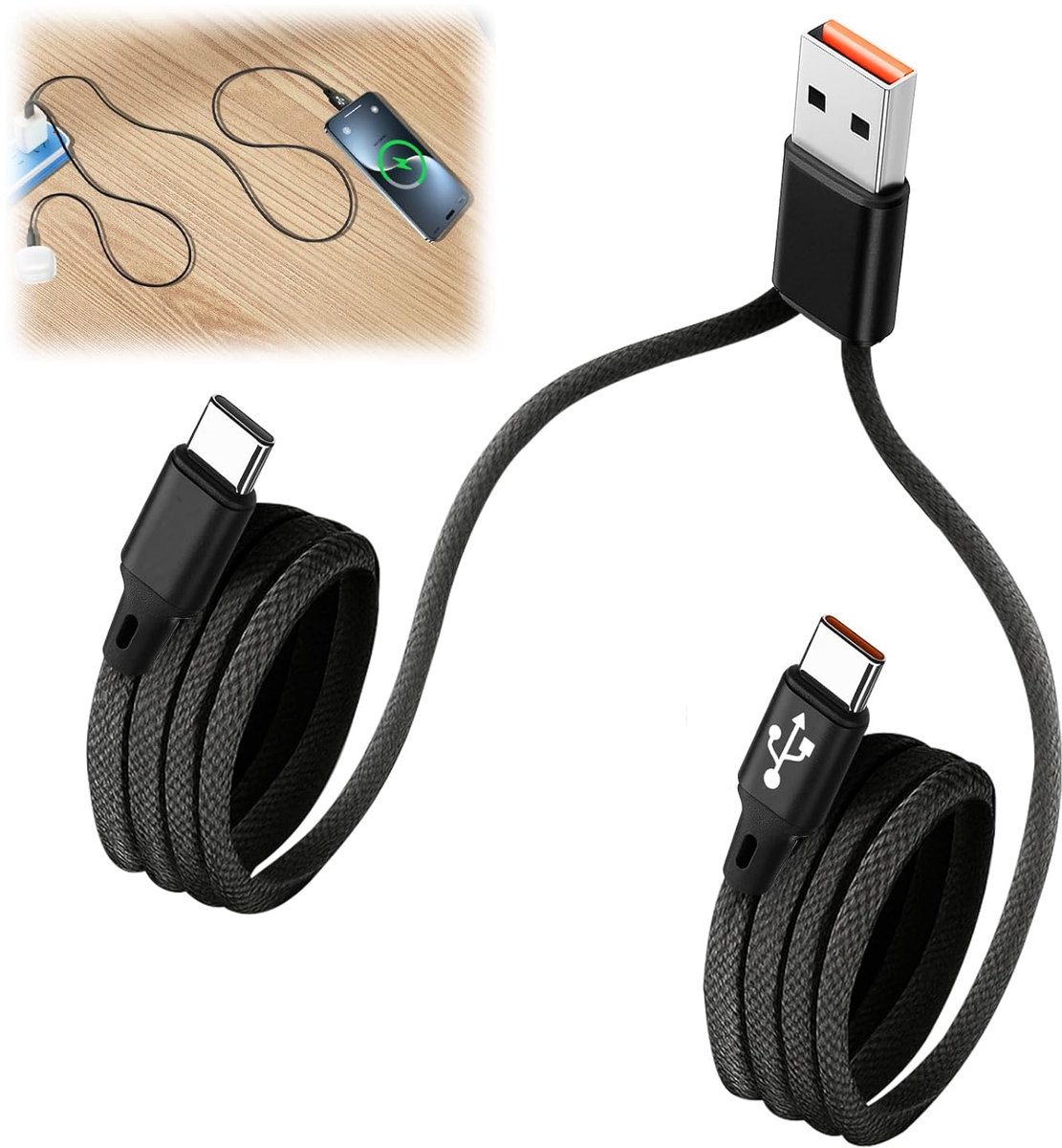 USB naar Type C snellader kabel 1,2m - 2-in-1 nylon data kabel - 3A dual splitter - laad twee apparaten tegelijk - ShopVlot