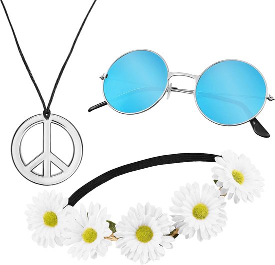 Hippie Set 3-delig - Bloemenhaarband - Vredesteken Ketting - Ronde Zonnebril met Blauwe Lenzen - ShopVlot