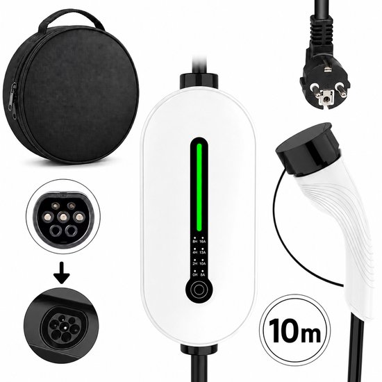 Mobiele Thuislader Type 2 vanaf stopcontact – 10 meter – 3,7 kW 16A – IP66 Waterdicht – Instelbare laadstroom – Schuko – Wit – Inclusief tas
