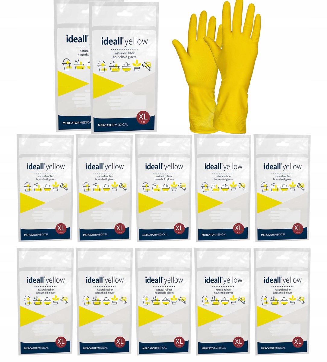 Ideal Geel Huishoudhandschoenen XL - 12 Paar - Latex, Gevlokt