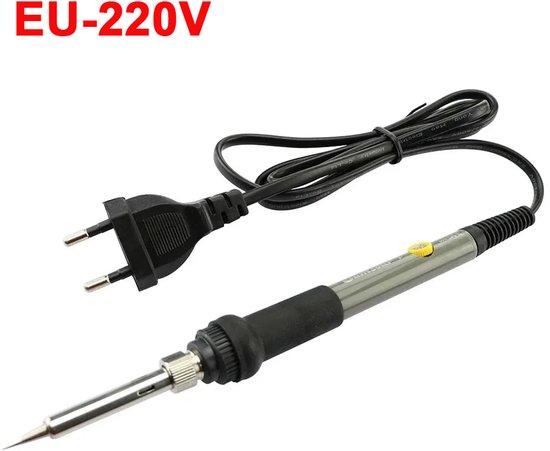 Een zilverkleurige soldeerbout met een zwarte en blauwe handgreep, voorzien van een Europese 220V-stekker.