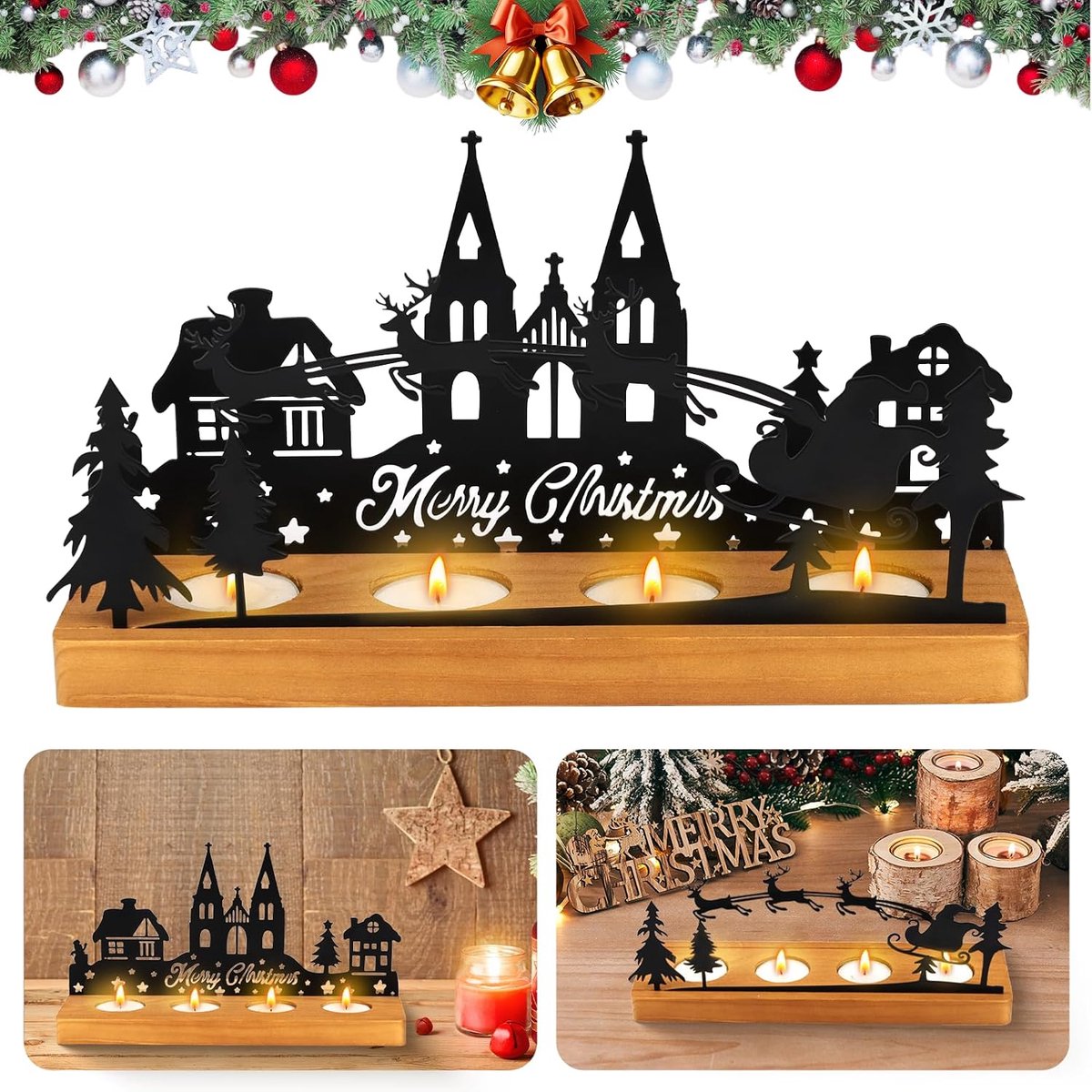 Advent kaarsenhouder - donker metaal en hout - modern ontwerp - sfeervolle kerstdecoratie - ShopVlot