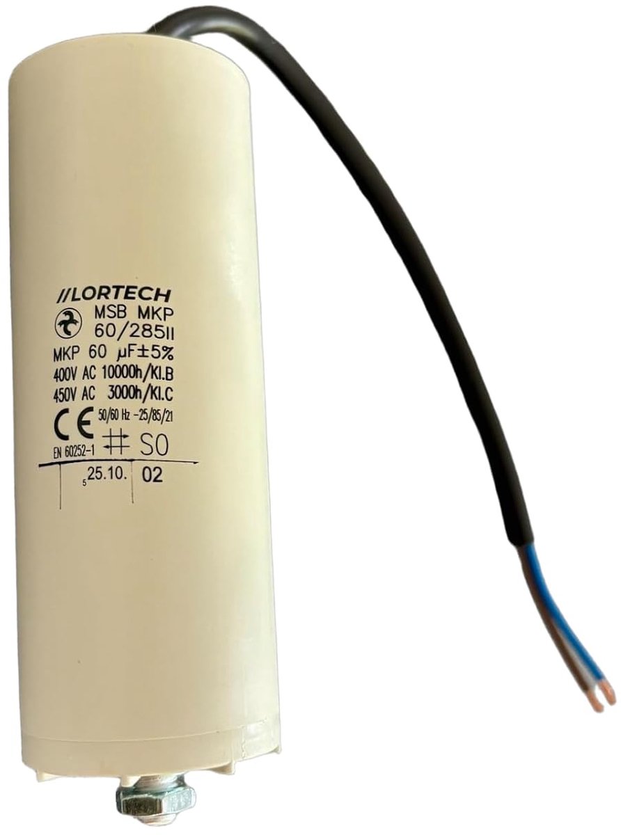 Permanente condensator 60 µF 450 V - kabel 250 mm - Ø 45 mm x 120 mm - M8 bevestiging - Made in Europe - ShopVlot